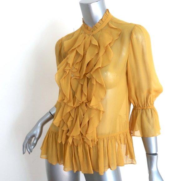 ULLA JOHNSON RUFFLE BLOUSE CASSAN MUSTARD CHIFFON SIZE 2 BELL SLEEVE TOP - Picture 3 of 8